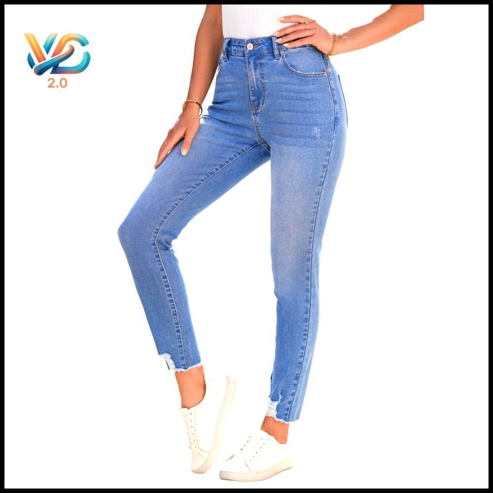 Ripped Skinny Jeans High Waisted Stretchy Denim Raw Hem Distressed